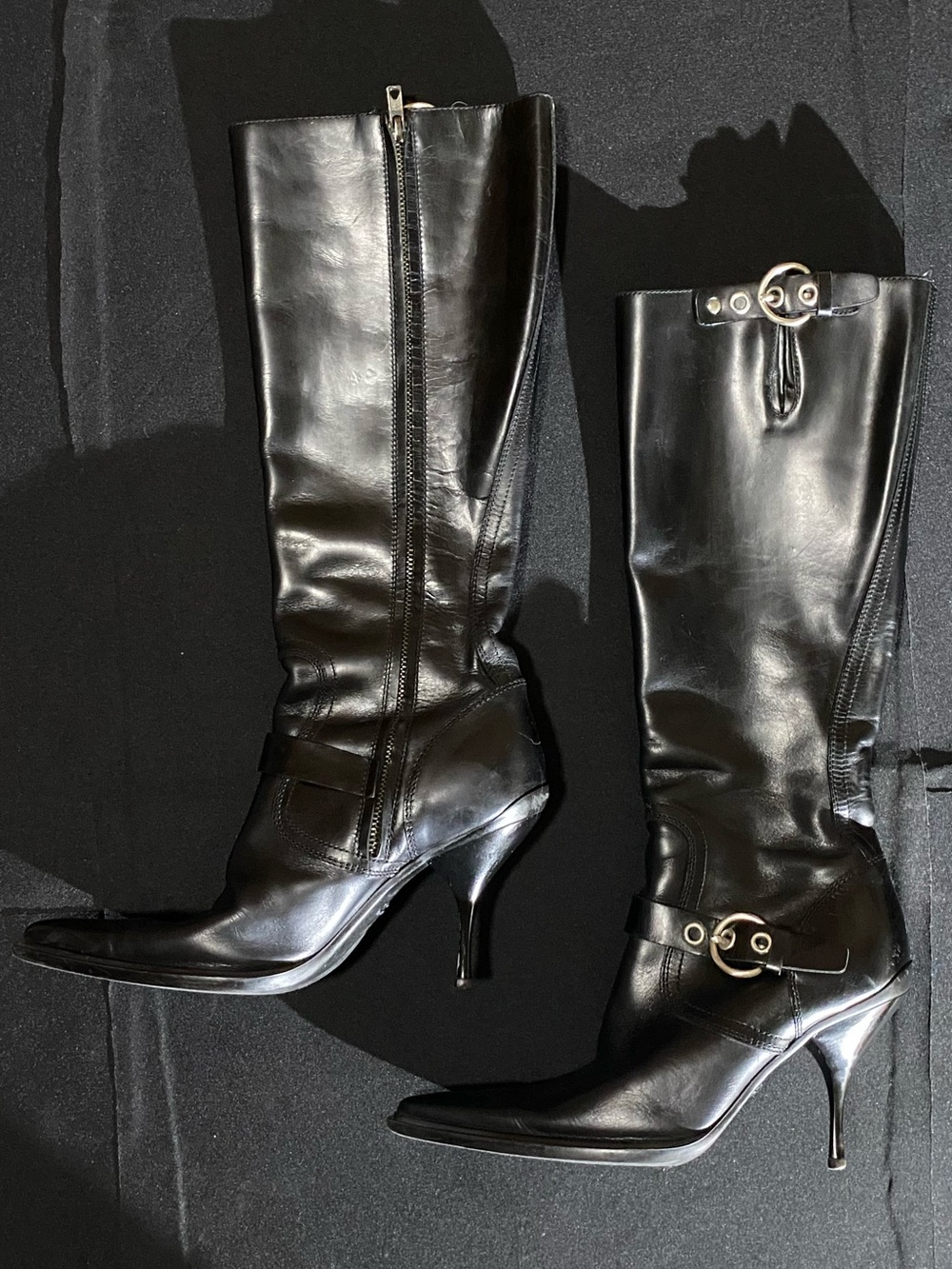 Miu Miu Black Leather Knee-High Stiletto Boots with Silver Ring Detail